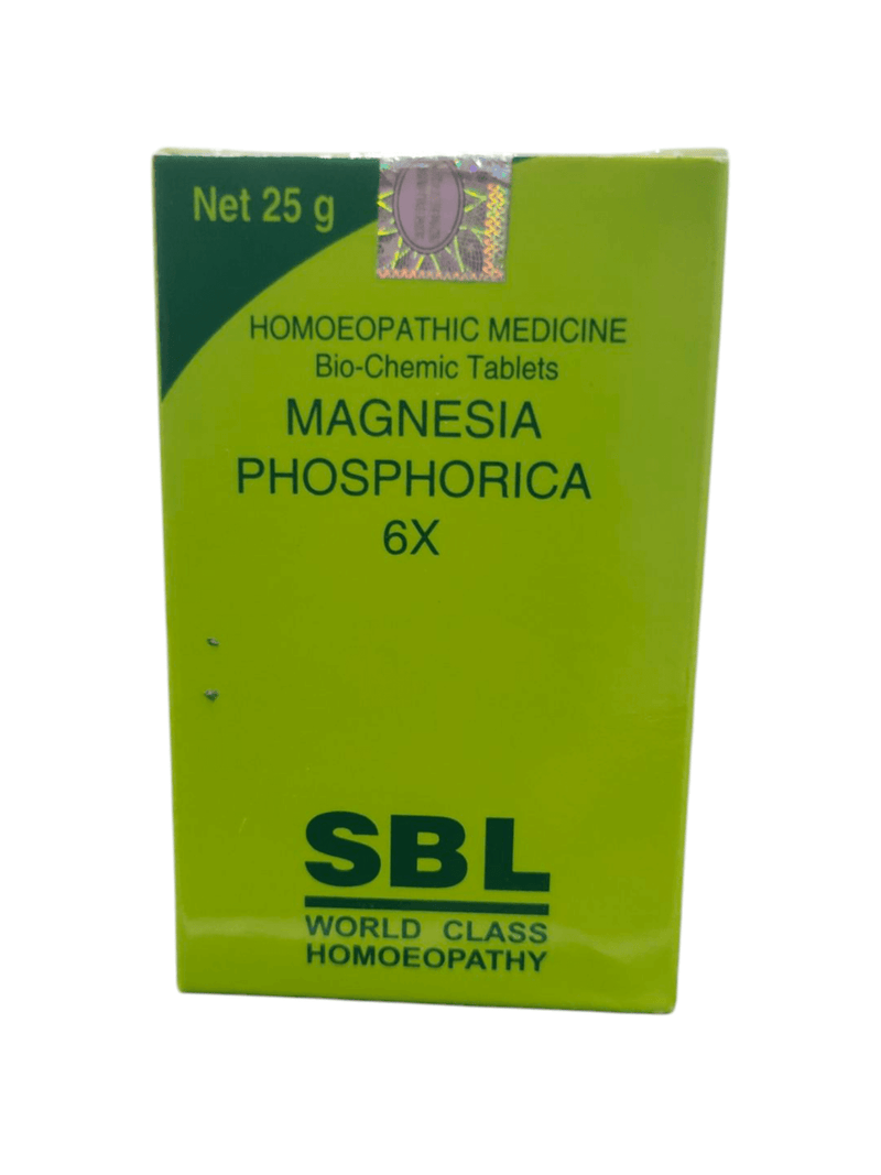 SBL Magnesia Phosphorica 6X Bio-Chemic Tablets pack, 25g, homeopathic remedy for muscle health.