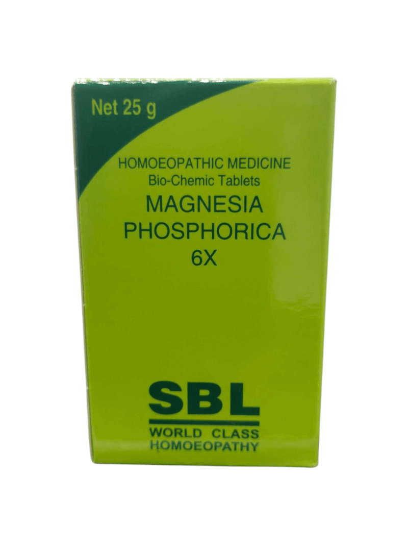 SBL Magnesia Phosphorica 6X bio-chemic tablets packaging for homeopathic muscle and nerve health remedy.