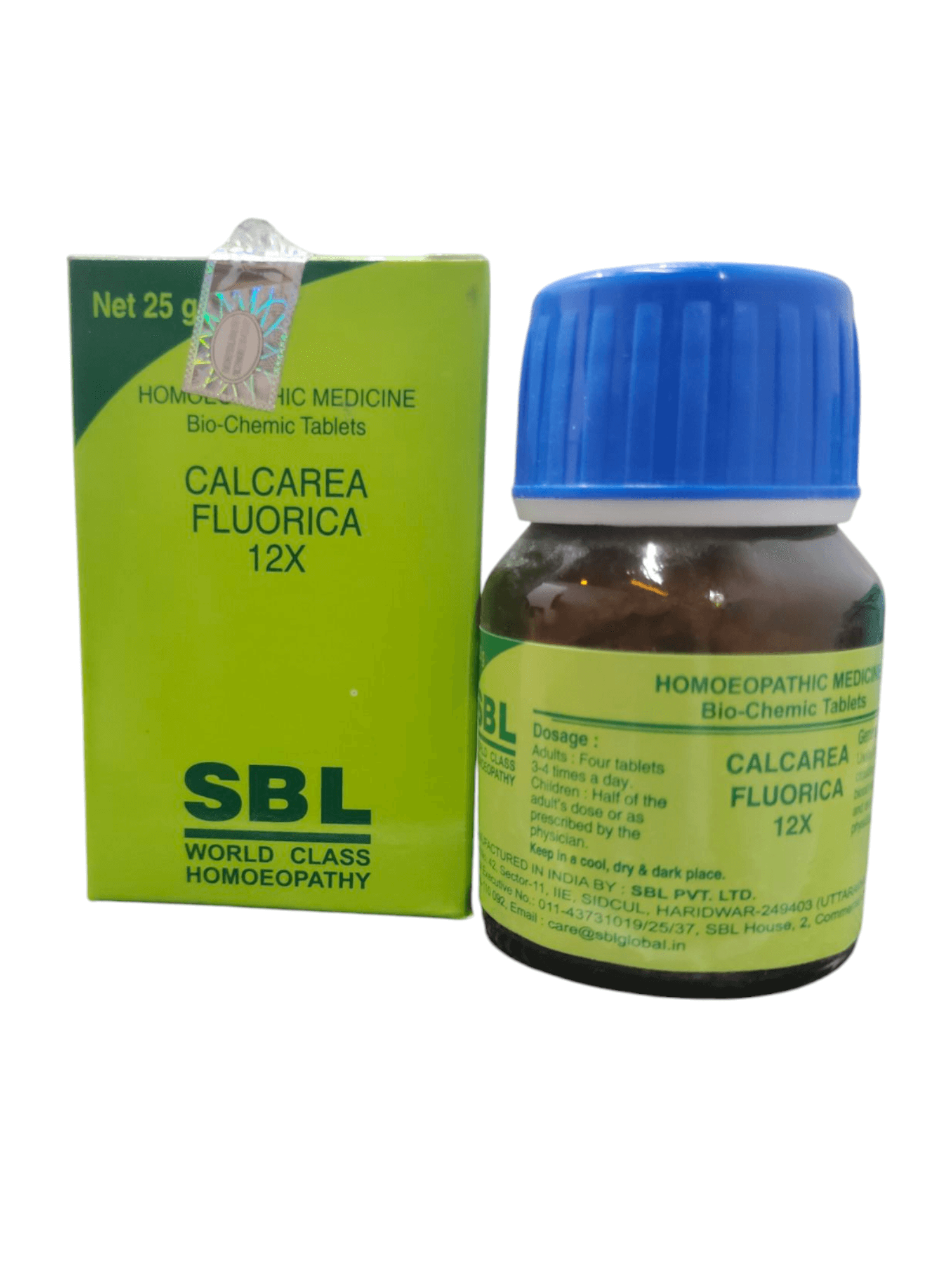 SBL Calcarea Fluorica 12X Bio-Chemic Tablets bottle and packaging for bone and joint health.