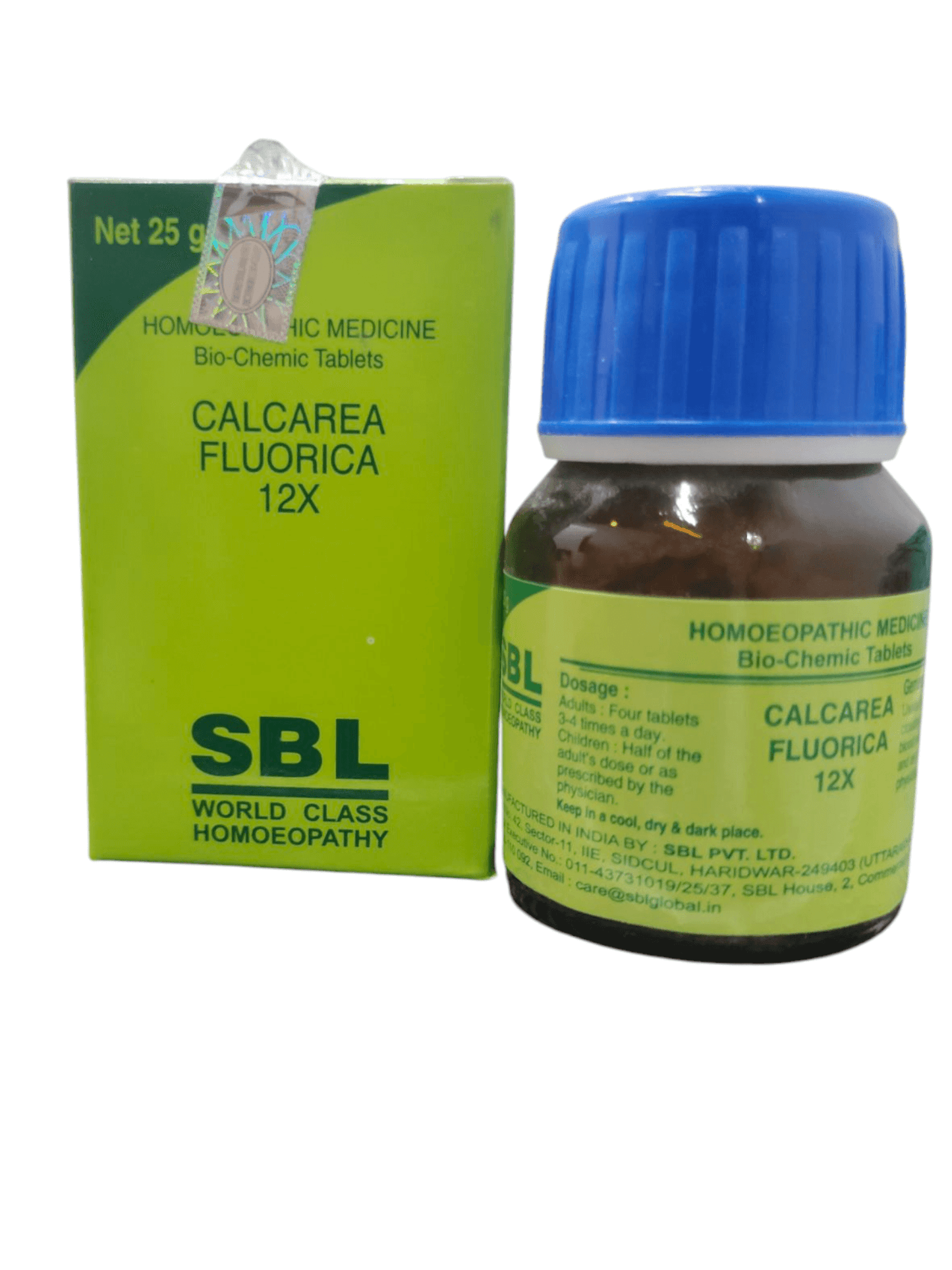 SBL Calcarea Fluorica 12X bio-chemic tablets for bone health in a green and blue bottle.