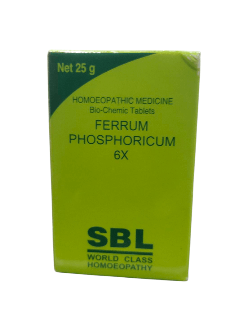 SBL Ferrum Phosphoricum 6X bio-chemic tablets packaging, homeopathic remedy for inflammation and anemia.