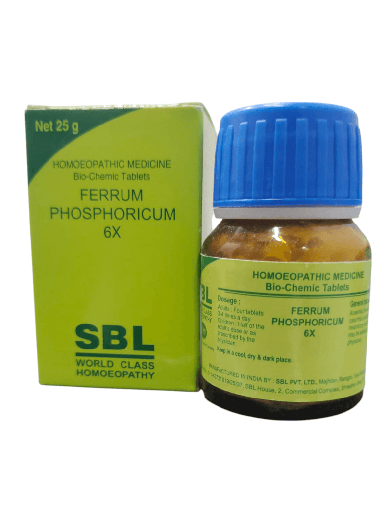 SBL Ferrum Phosphoricum 6x Bio-Chemic Tablets bottle packaging, 25g, homeopathic remedy for health support.