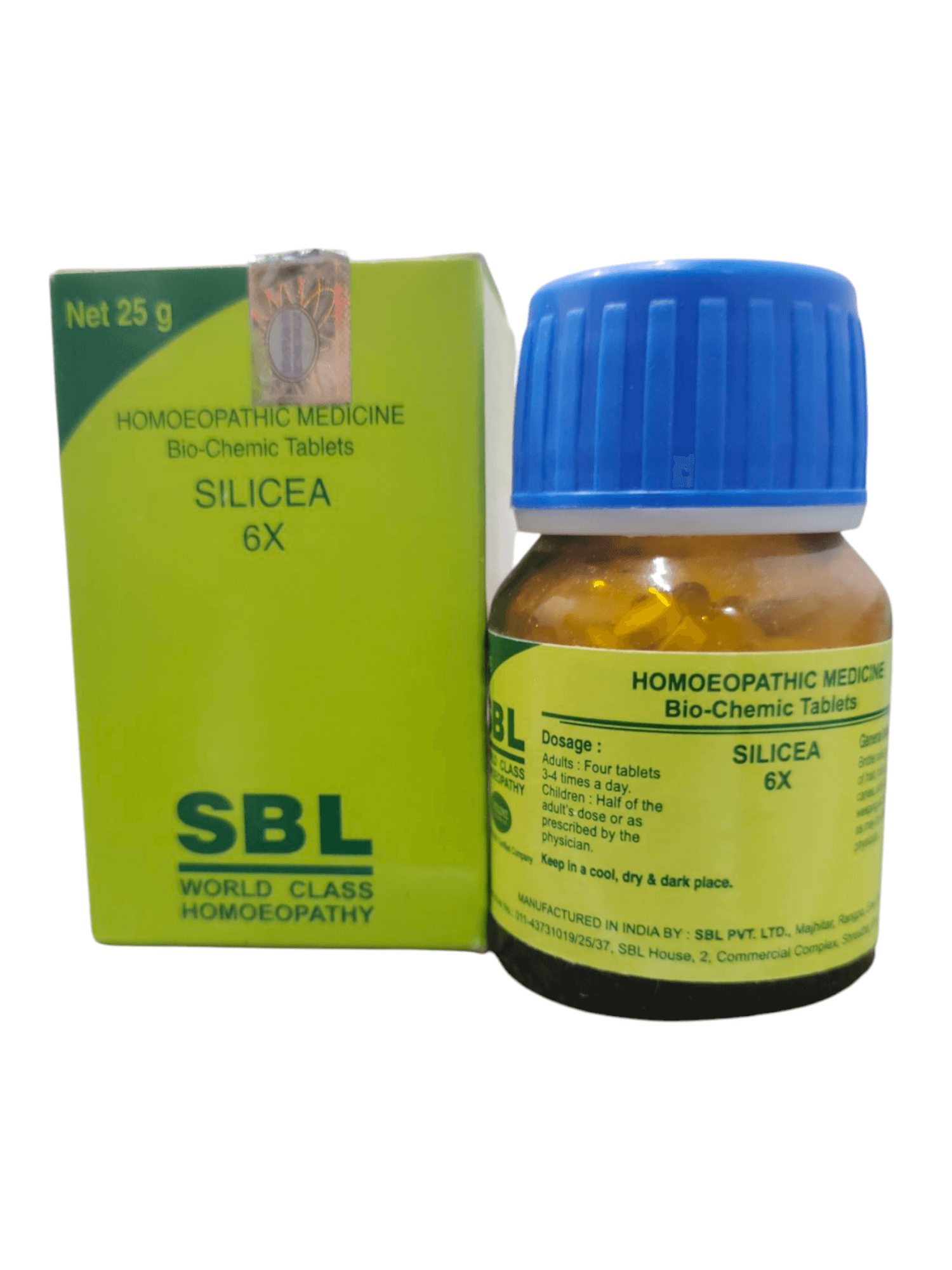 SBL Silicea 6X Bio-Chemic Tablets bottle and packaging, 25g, homeopathic remedy for skin, hair, and bone health.
