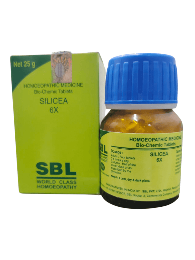 SBL Silicea 6X Bio-Chemic Tablets bottle and packaging, 25g, homeopathic remedy for skin, hair, and bone health.