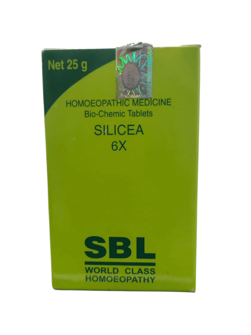 SBL Silicea 6x bio-chemic tablets package, 25g, homeopathic remedy for skin, hair, nails, and bones.