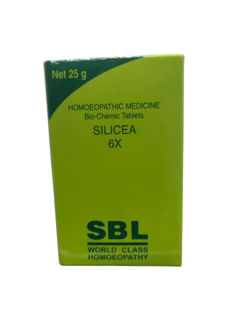 SBL Silicea 6X Bio-Chemic Tablets 25g, homeopathic remedy for skin, hair, nails, and bones health.