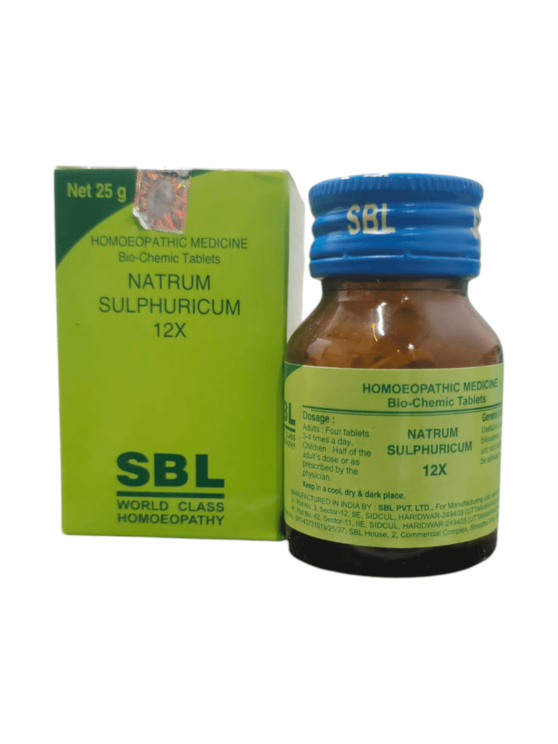SBL Natrum Sulphuricum 12X biochemic tablets in a bottle, promoting liver and detox support.