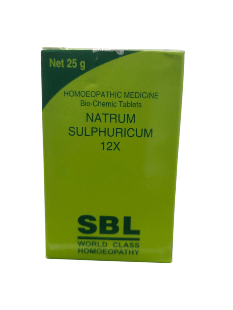 SBL Natrum Sulphuricum 12X Biochemic Tablets pack, 25g, designed for liver support and detoxification in homeopathy.