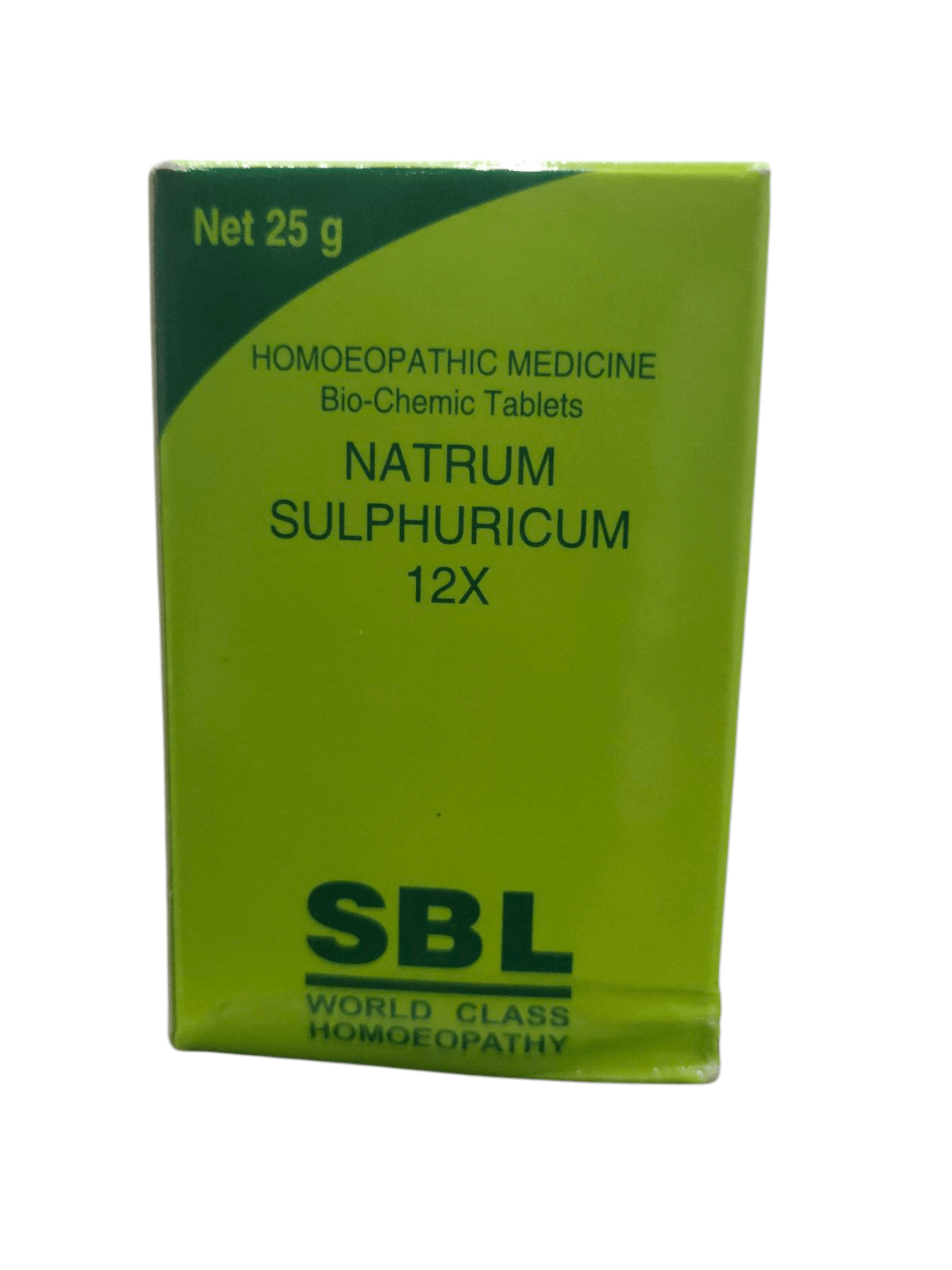 SBL Natrum Sulphuricum 12X biochemic tablets package front view, 25g, supports liver health and detoxification.