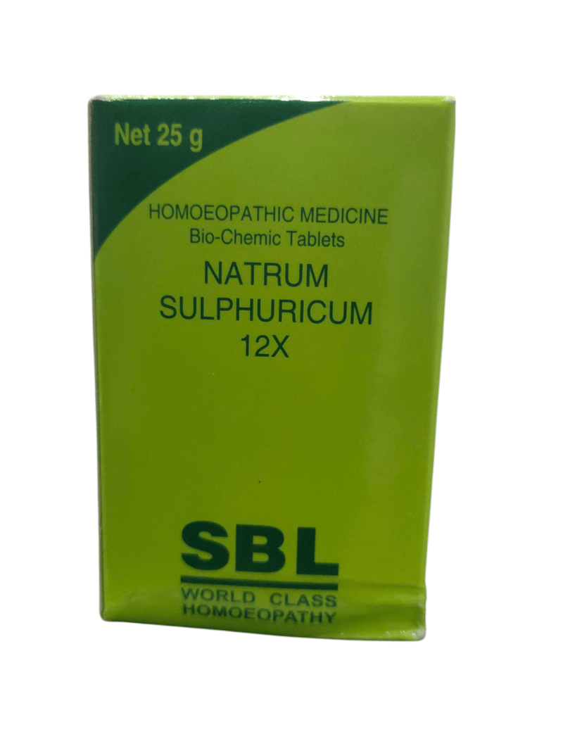 SBL Natrum Sulphuricum 12X biochemic tablets package front view, 25g, supports liver health and detoxification.