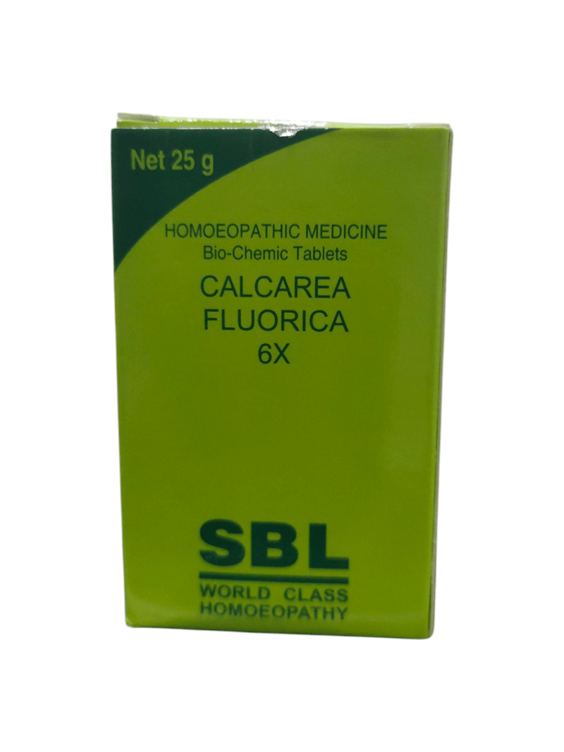 SBL Calcarea Fluorica 6x Bio-Chemic Tablets 25g packaging for bone and joint health support.