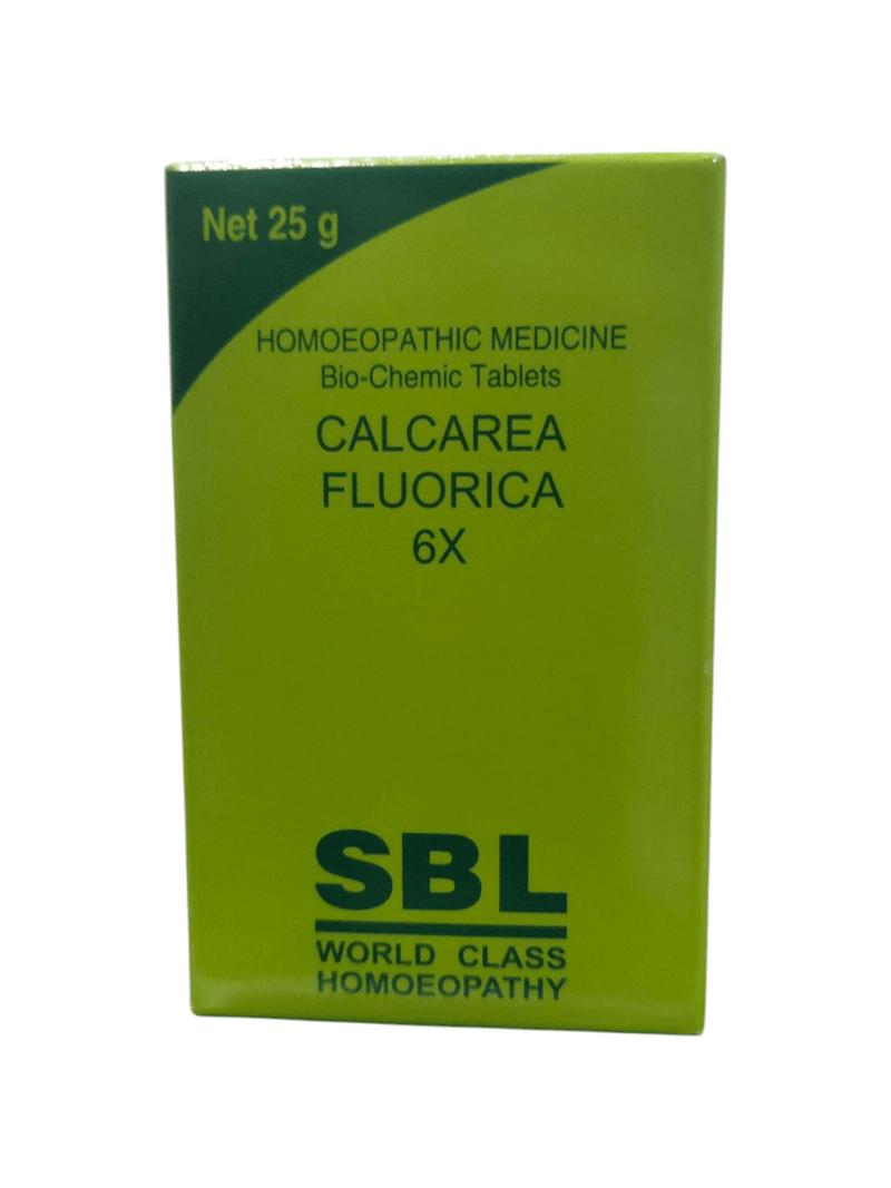 SBL Calcarea Fluorica 6x Bio-Chemic Tablets 25g packaging for bone and joint health.