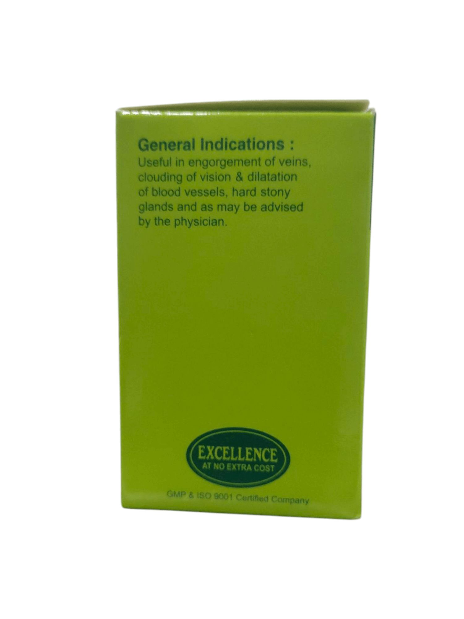 Green box with general indications for a health product, including benefits for veins and blood vessels.