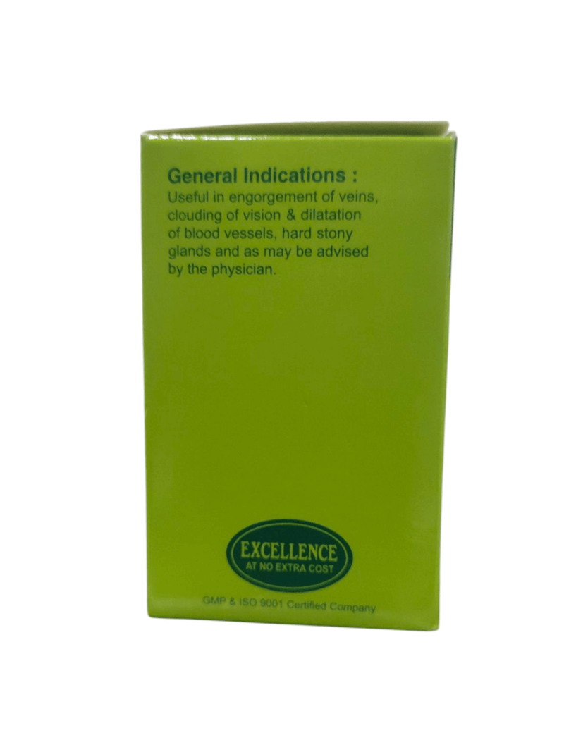 Green box with general indications for a health product, including benefits for veins and blood vessels.