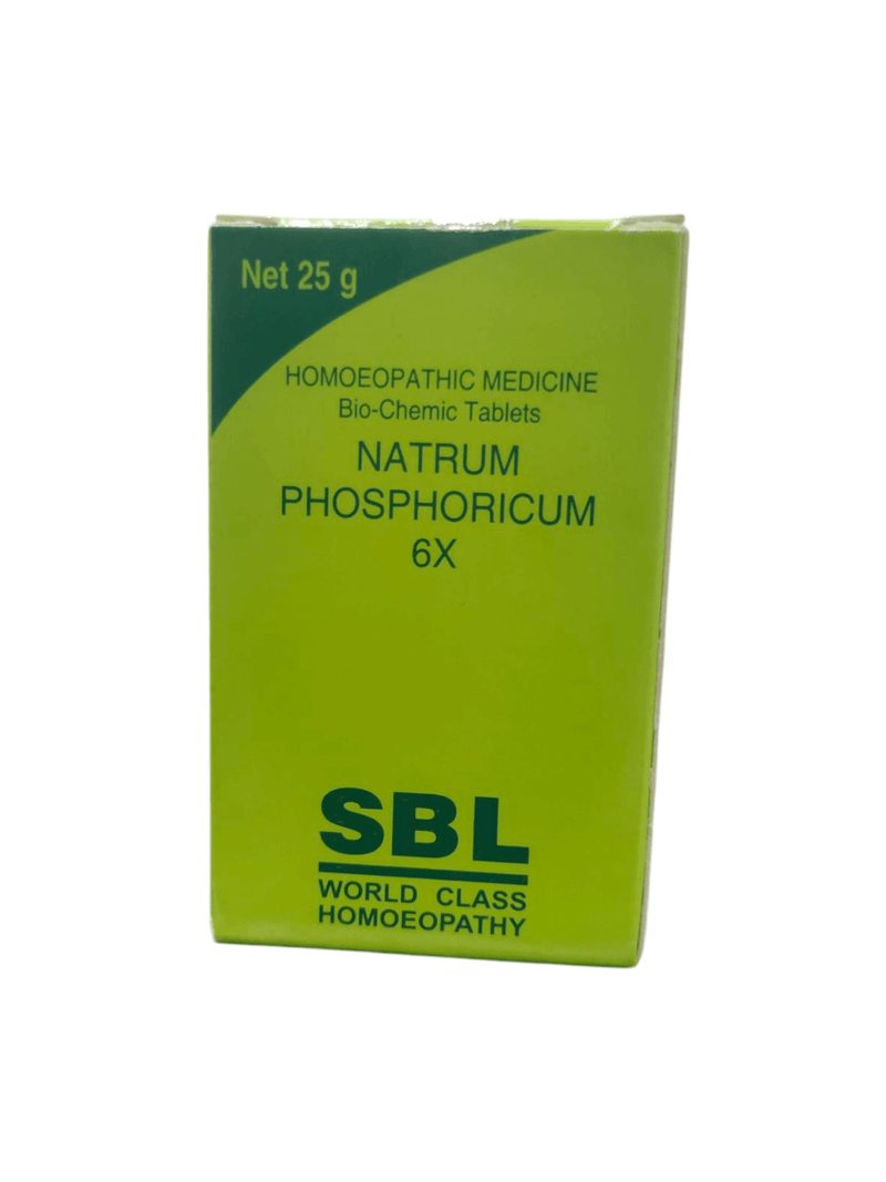 SBL Natrum Phosphoricum 6x Bio-Chemic Tablets 25g packaging for homeopathic health balance.