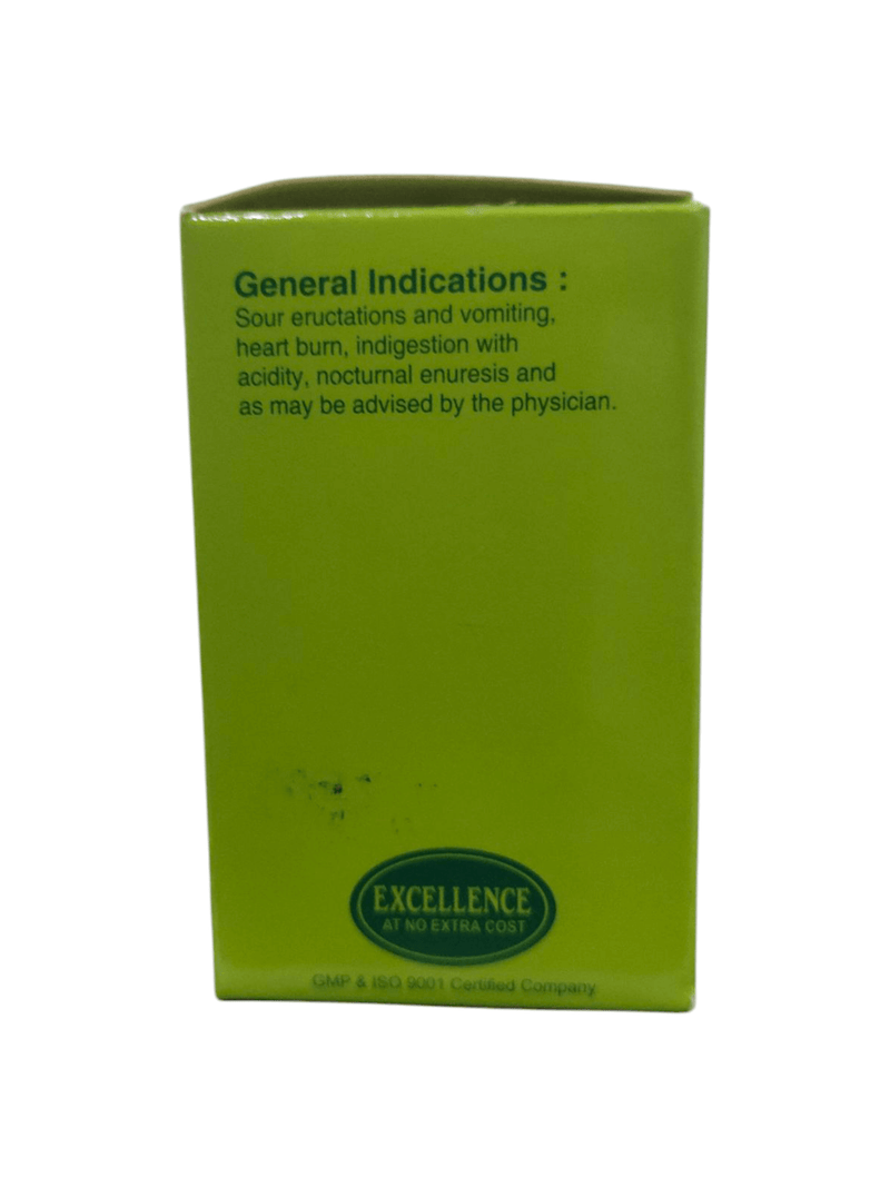 Green packaging with general indications for a homeopathic remedy, including sour eructations, heartburn, and indigestion.