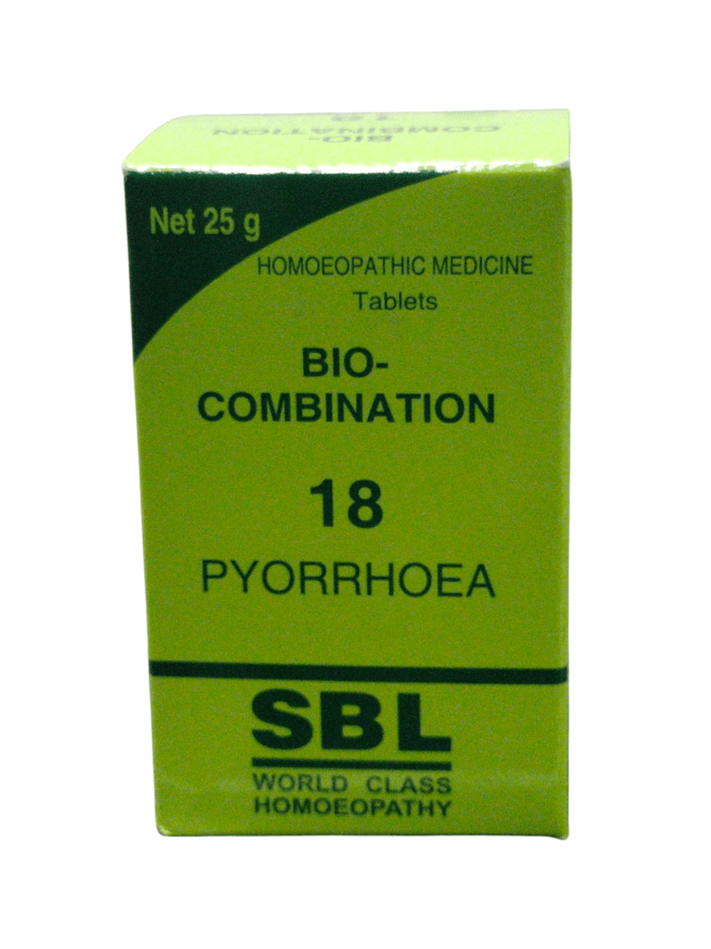 SBL Bio-Combination 18 Pyorrhoea Homeopathic Medicine Tablet packaging, 25g, effective for gum issues.