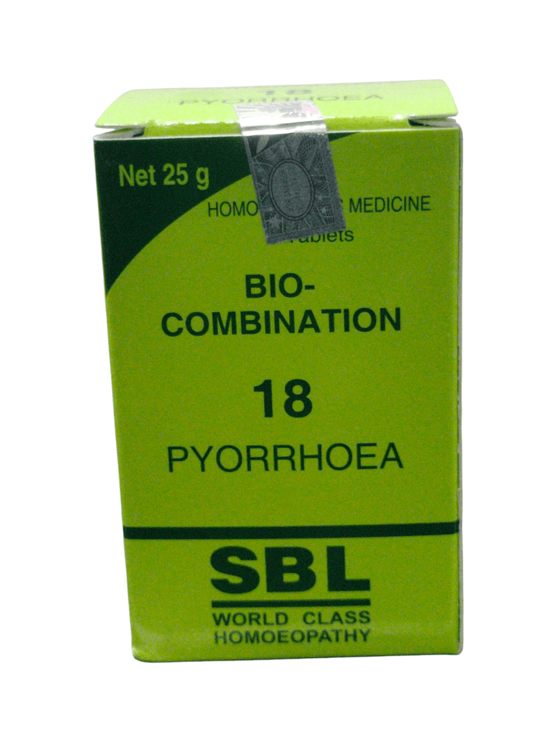 SBL Bio-Combination 18 Pyorrhoea Homeopathic Medicine Tablet packaging, 25g, effective for gum health.