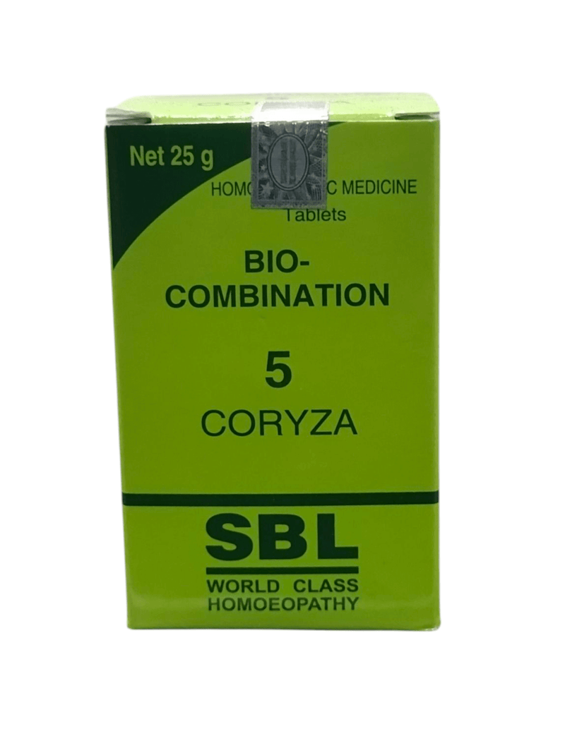 SBL Bio-Combination No. 5 Coryza Homeopathic Medicine Tablet 25g for nasal congestion and allergy relief.