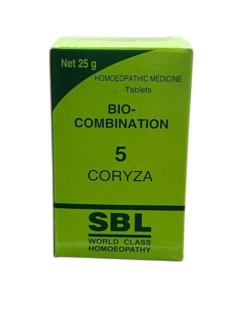 SBL Bio-Combination No. 5 Coryza Homeopathic Medicine Tablet 25g for nasal congestion and sneezing relief.