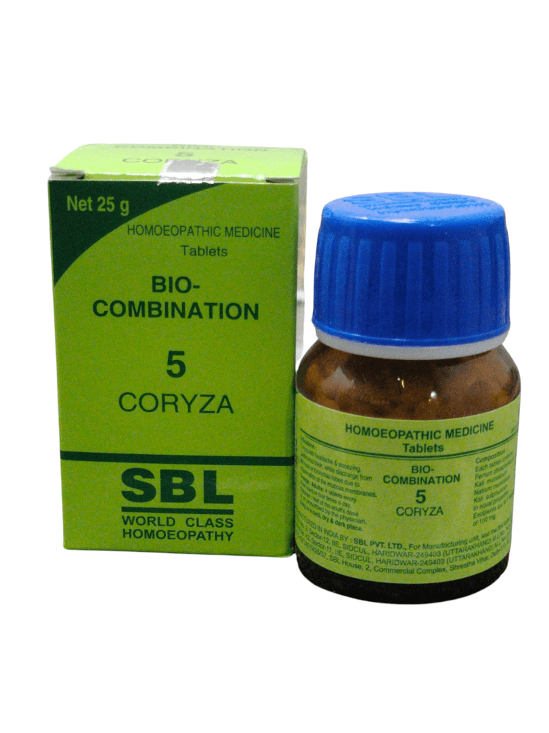 SBL Bio-Combination 5 Coryza homeopathic medicine tablets 25g for nasal congestion and allergies.