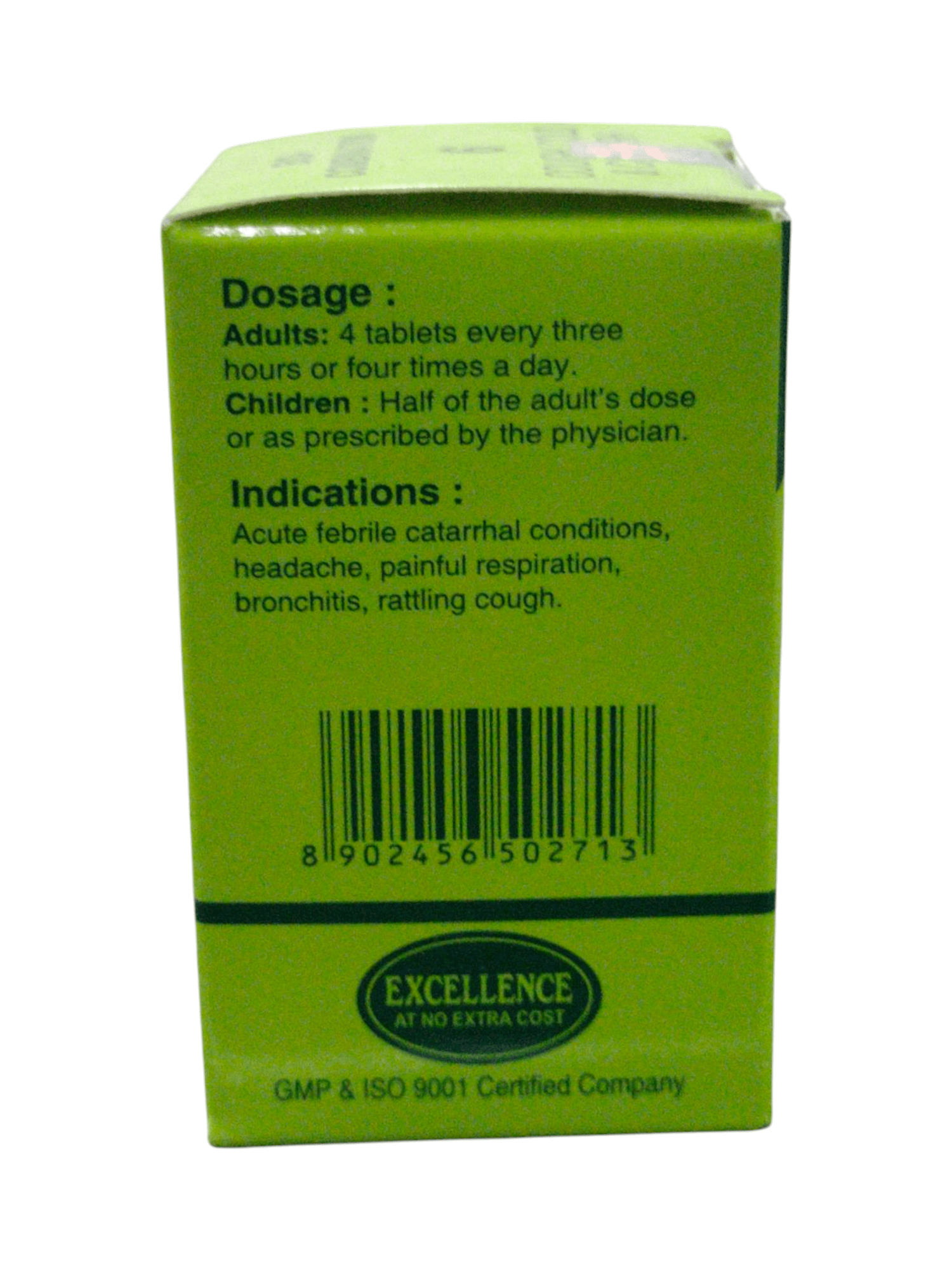 Side view of SBL Bio-Combination 6 packaging showing dosage information and indications for cough and cold treatment.