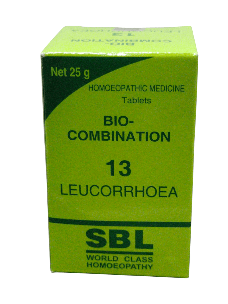 SBL Bio-Combination 13 Homeopathic Tablets for Leucorrhoea, 25g packaging, promoting women's health.