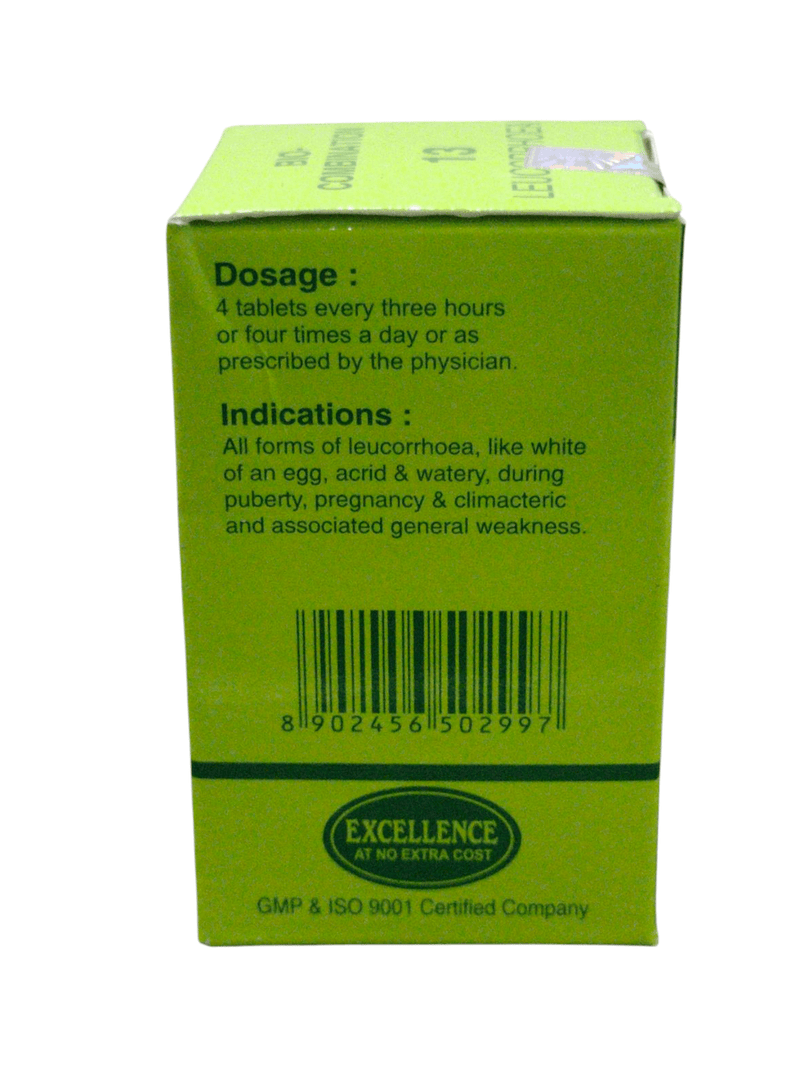 Dosage and indications for SBL Bio-Combination No. 13 tablets for leucorrhoea treatment