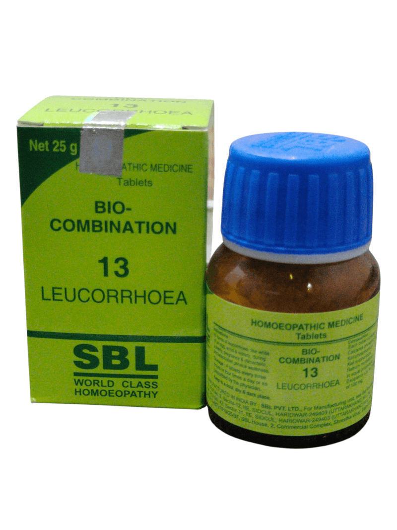 SBL Bio-Combination 13 homeopathic tablets for leucorrhoea treatment, packaged in a green and blue container.