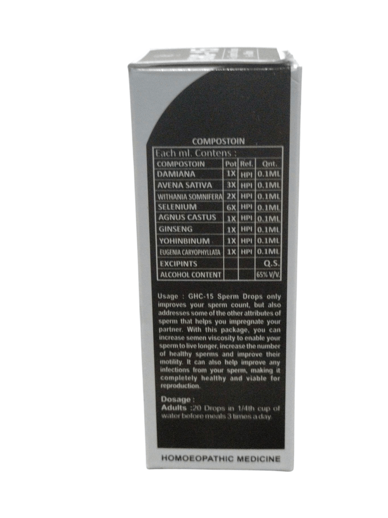 Back label of GHC-15 For Sperm Drops showing composition, ingredients, and usage instructions for male reproductive health.