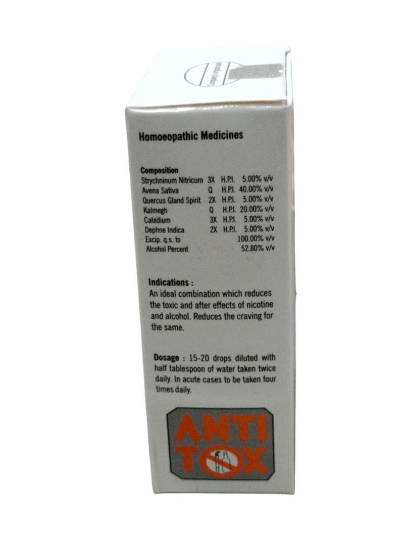 Product box for NEW HOLOGRAM PACK ANTI TOX homeopathic remedy, designed to aid detoxification from nicotine and alcohol.