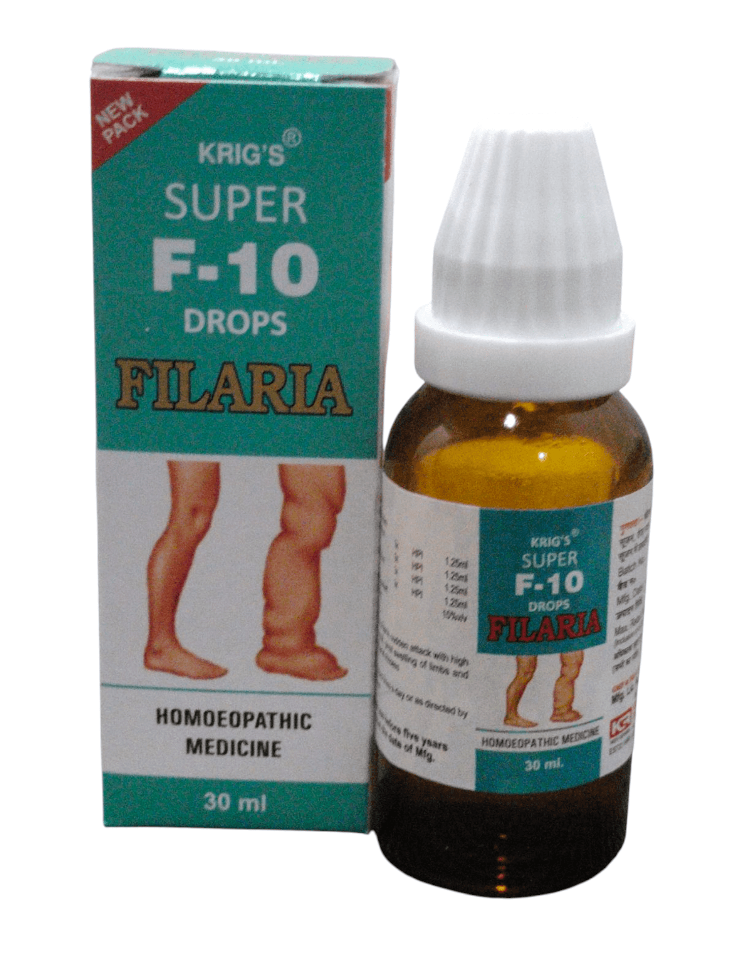 Krig's Super F-10 Drops Filaria bottle and packaging on a white background