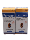 Ferronol Ear Drops 10ML pack of 2 for earache, inflammation, and hypersensitivity treatment.
