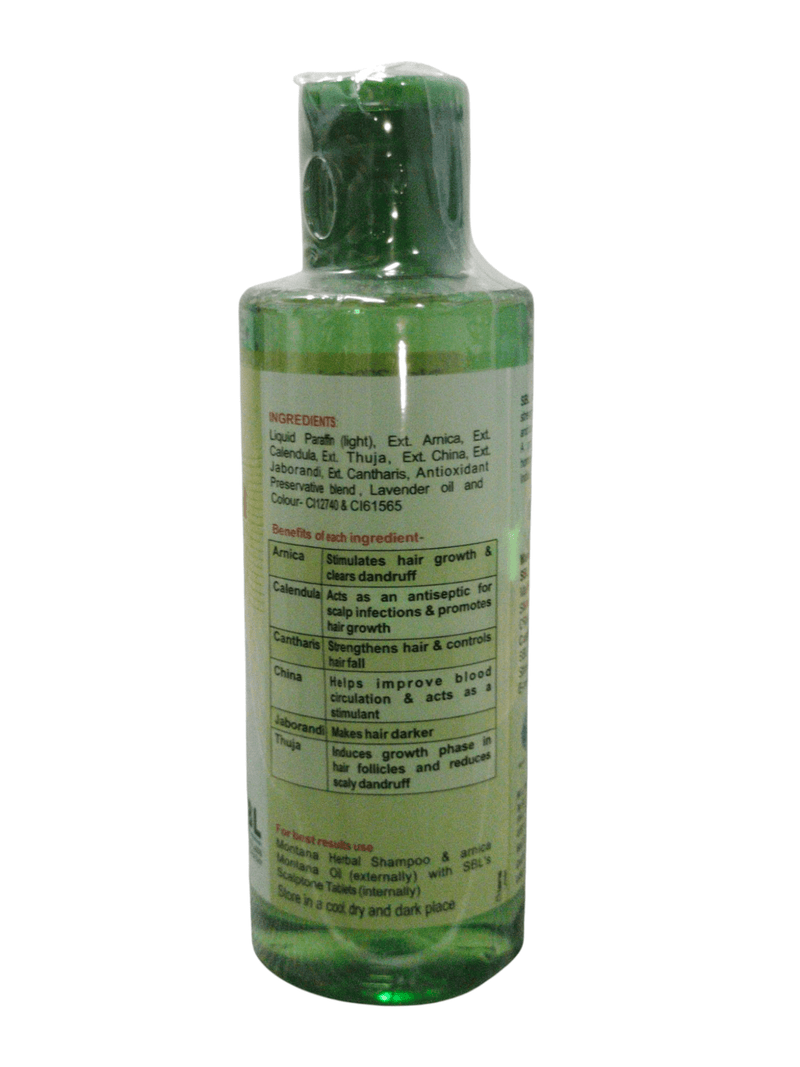 SBL Arnica Montana Hair Oil bottle with natural ingredients for hair nourishment and growth in 200ML size.
