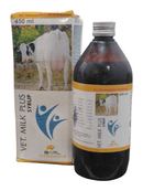 Vet Milk Plus Syrup 450ml bottle with label and packaging, homeopathic veterinary medicine for large and small animals.