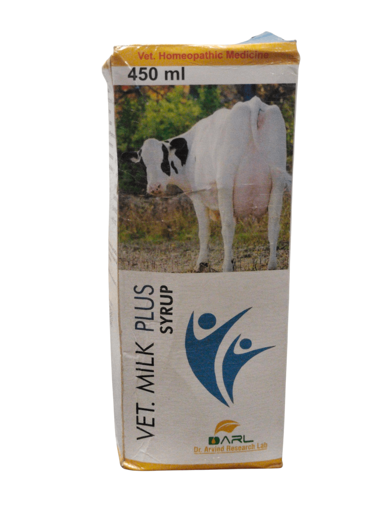Vet Milk Plus Syrup 450ml packaging with cow illustration, homeopathic vet medicine, free shipping available.