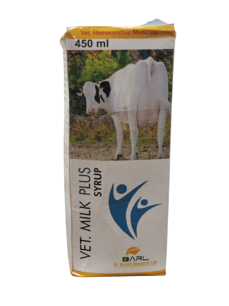 Vet Milk Plus Syrup 450ml packaging with cow illustration, homeopathic vet medicine, free shipping available.