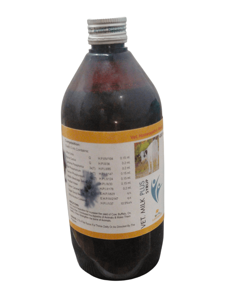 VET MILK PLUS SYRUP 450ML bottle with ingredients for large and small animals, free shipping available.