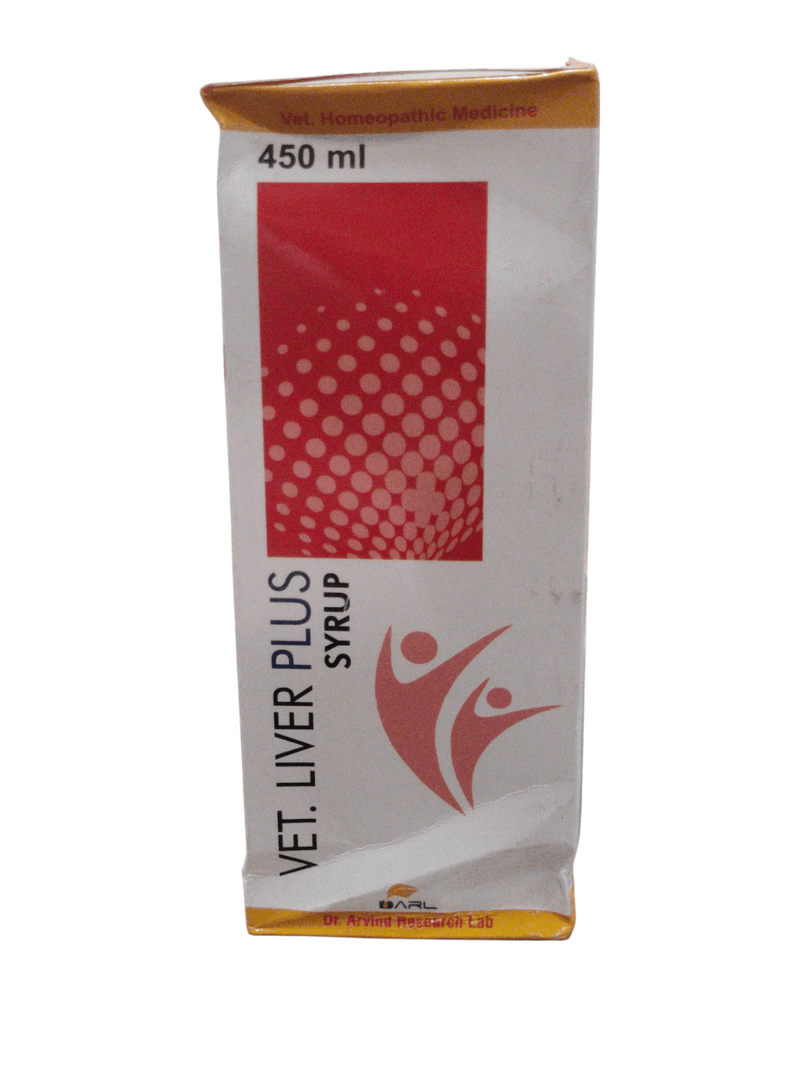 VET LIVER PLUS SYRUP 450ml packaging for animal liver support by ADRL PHARMA