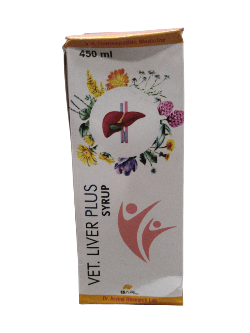 Vet Liver Plus Syrup 450ml packaging for animal liver support by ADRL Pharma.