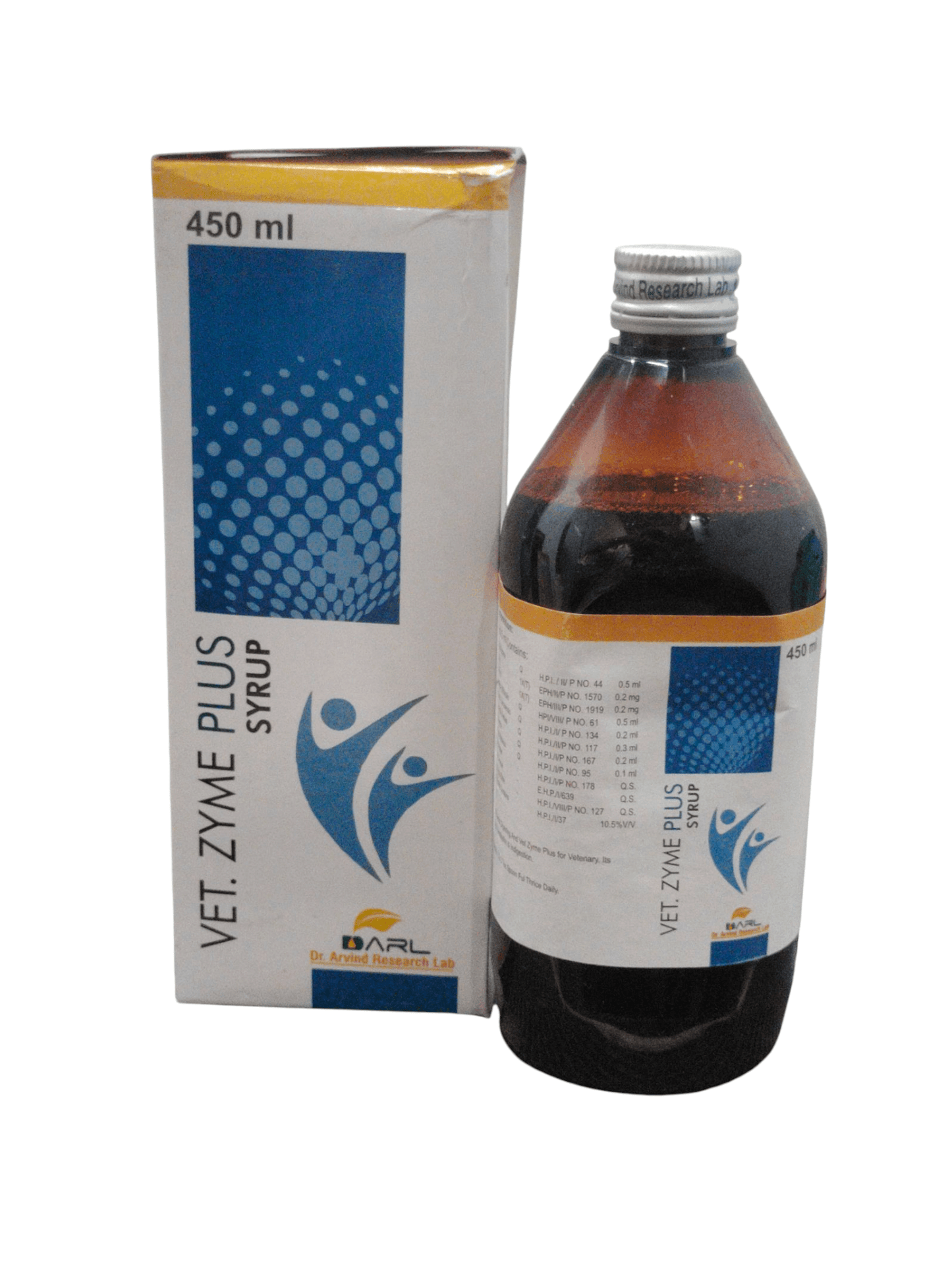 VET ZYME PLUS Syrup 450ml, homeopathic digestive and appetite stimulant for animals, packaged with instructions.