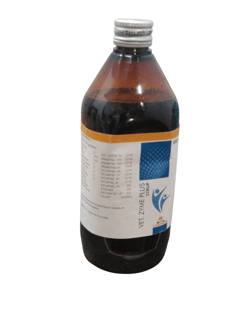 VET ZYME PLUS syrup 450ml bottle, homeopathic digestive stimulant for animals with appetite enhancement.