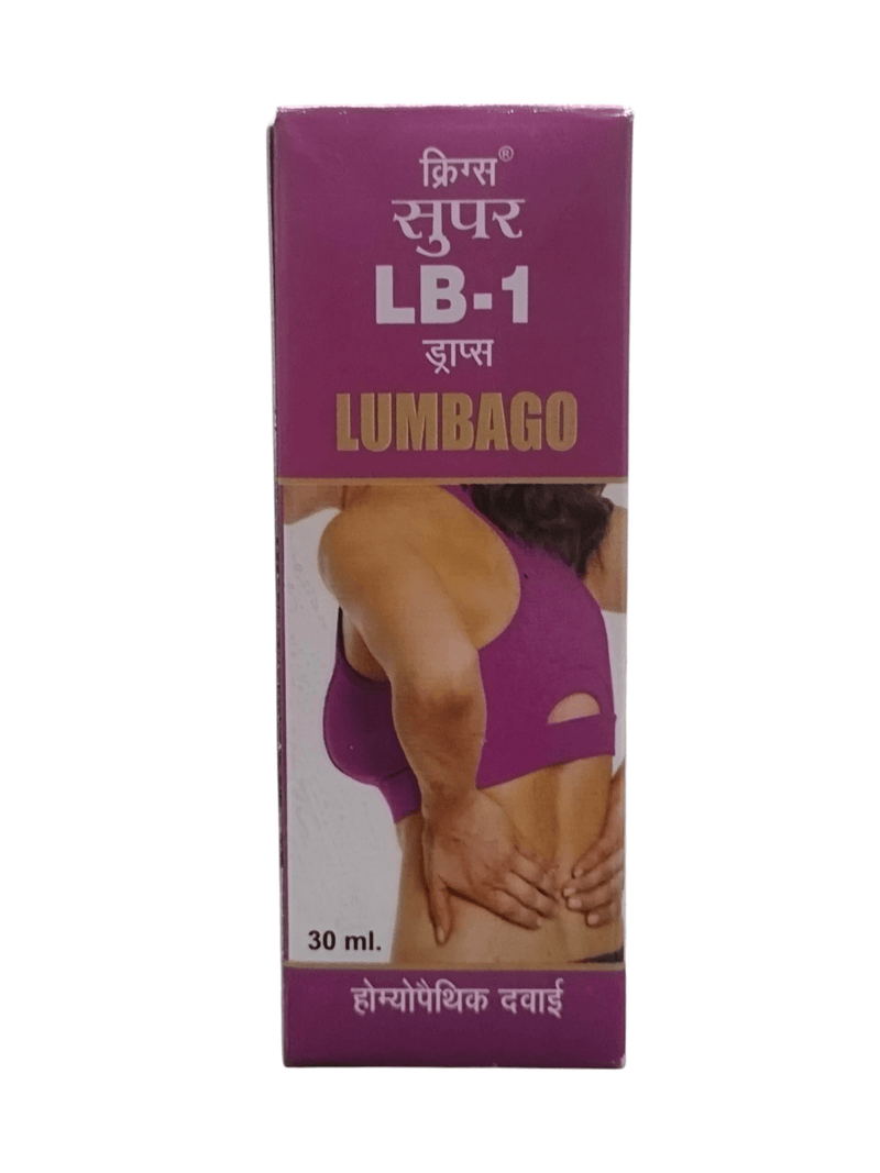 LB-1 Drops 30ml homeopathic remedy for lumbago and lower back pain relief with a woman in a pink top.