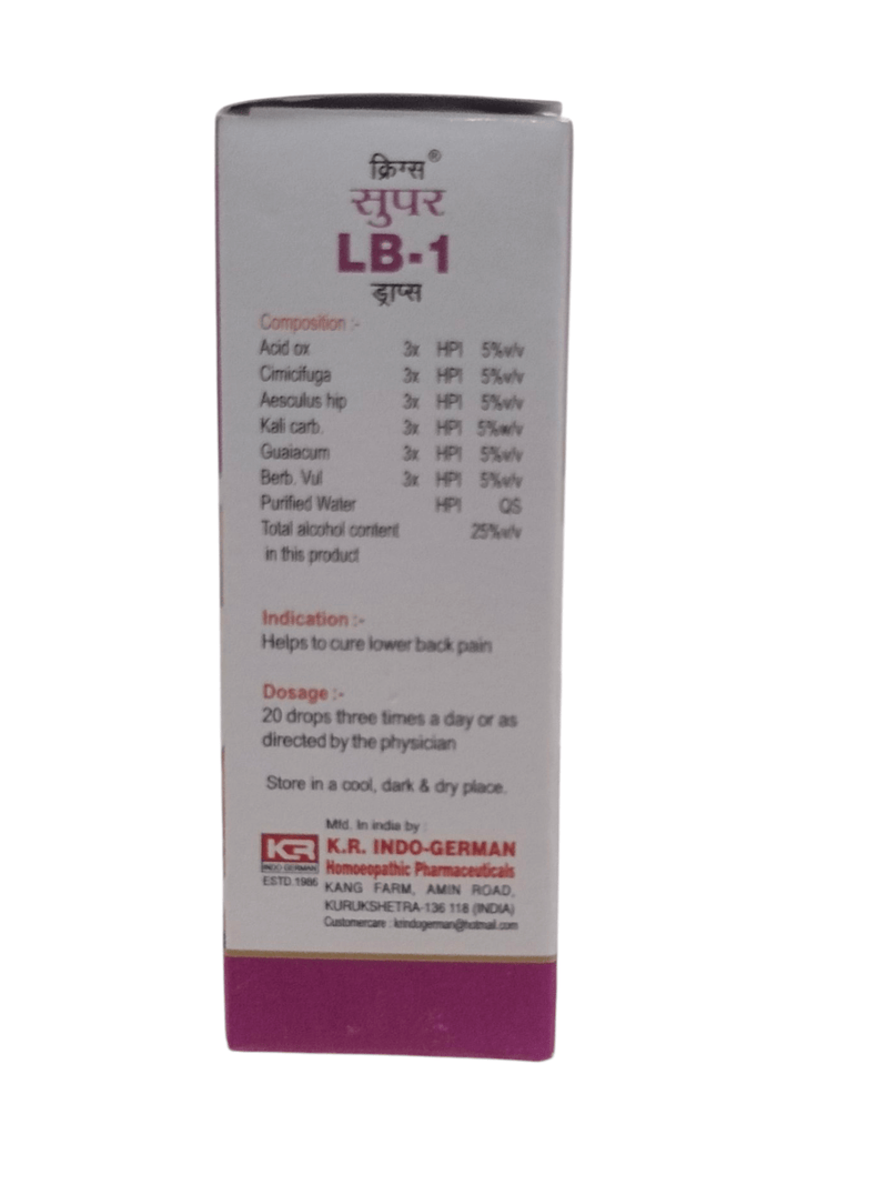 LB-1 Drops homeopathic medicine box for lower back pain relief with ingredient details and dosage instructions.