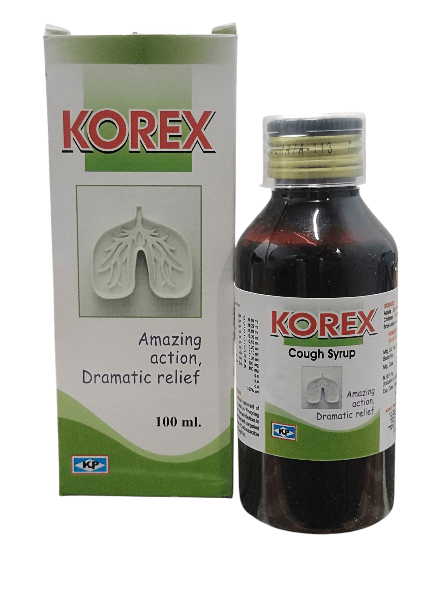 Kent Korex Cough Syrup 100ML bottle and box for managing cough and congestion, featuring amazing action and dramatic relief.