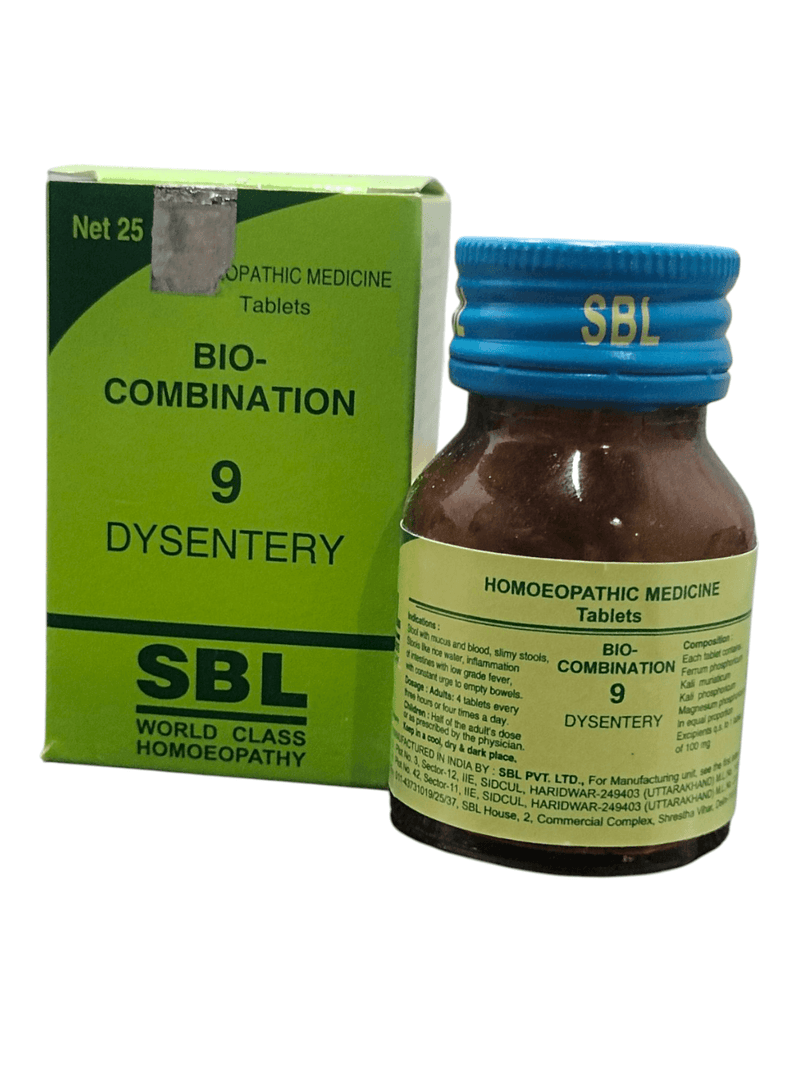 SBL Bio-Combination No. 9 dysentery homeopathic medicine tablets, 25g bottle with box.