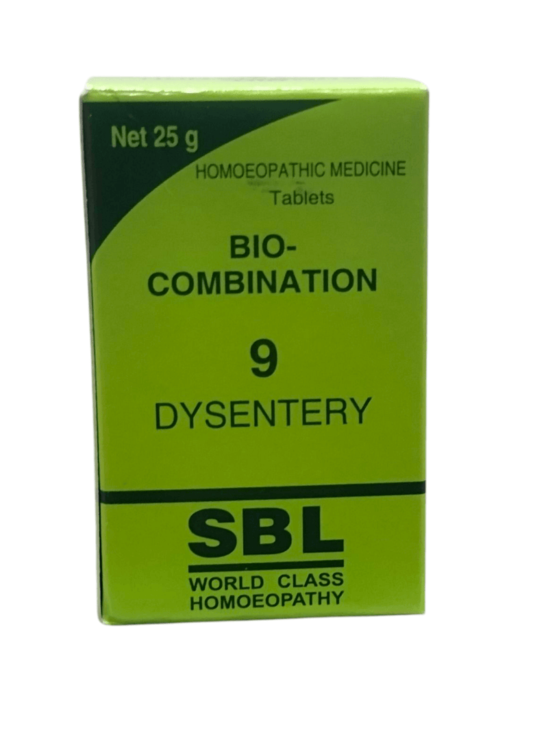 SBL Bio-Combination No. 9 Dysentery homeopathic medicine tablet packaging, 25g, yellow box.