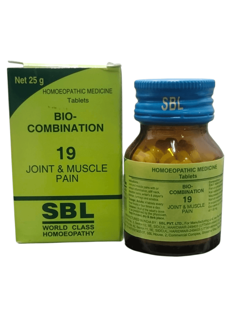 SBL Bio-Combination No. 19 homeopathic tablets for joint and muscle pain, 25g packaging.