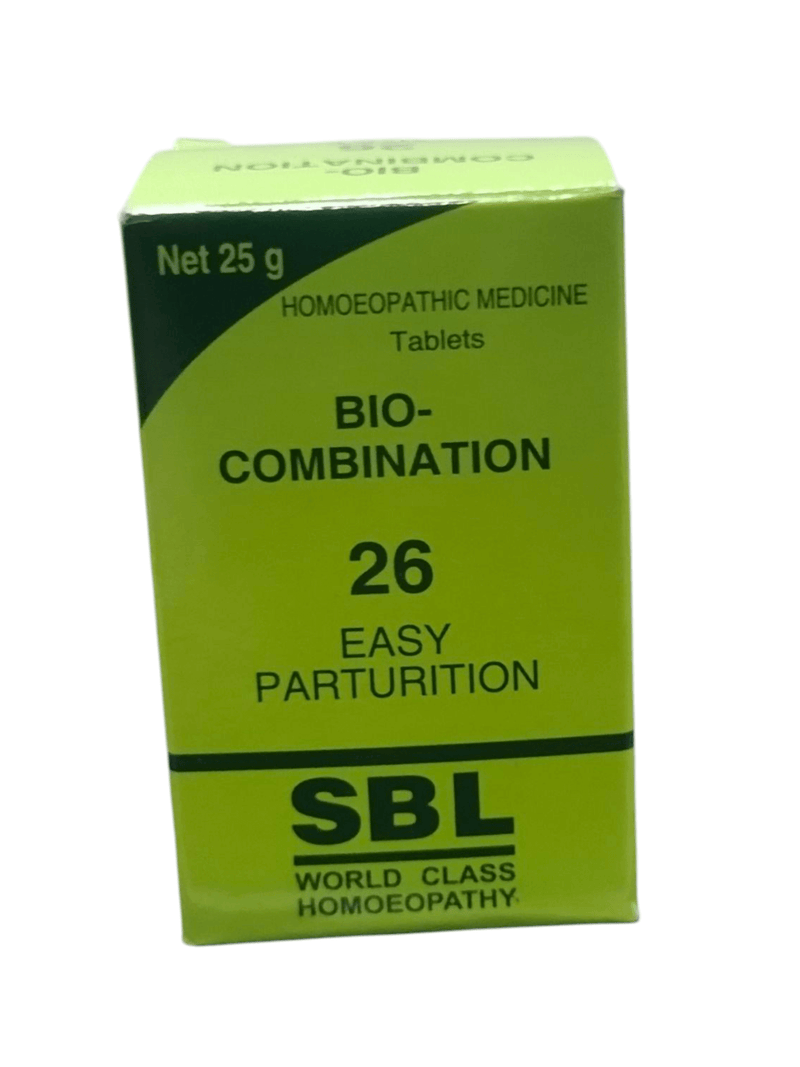 SBL Bio-Combination No. 26 Easy Parturition homeopathic medicine tablet packaging, 25g.