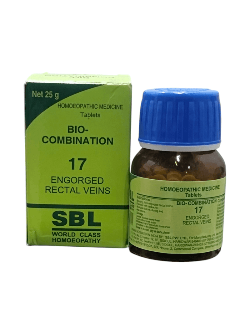SBL Bio-Combination No. 17 for engorged rectal veins, homeopathic medicine tablets, 25g packaging.